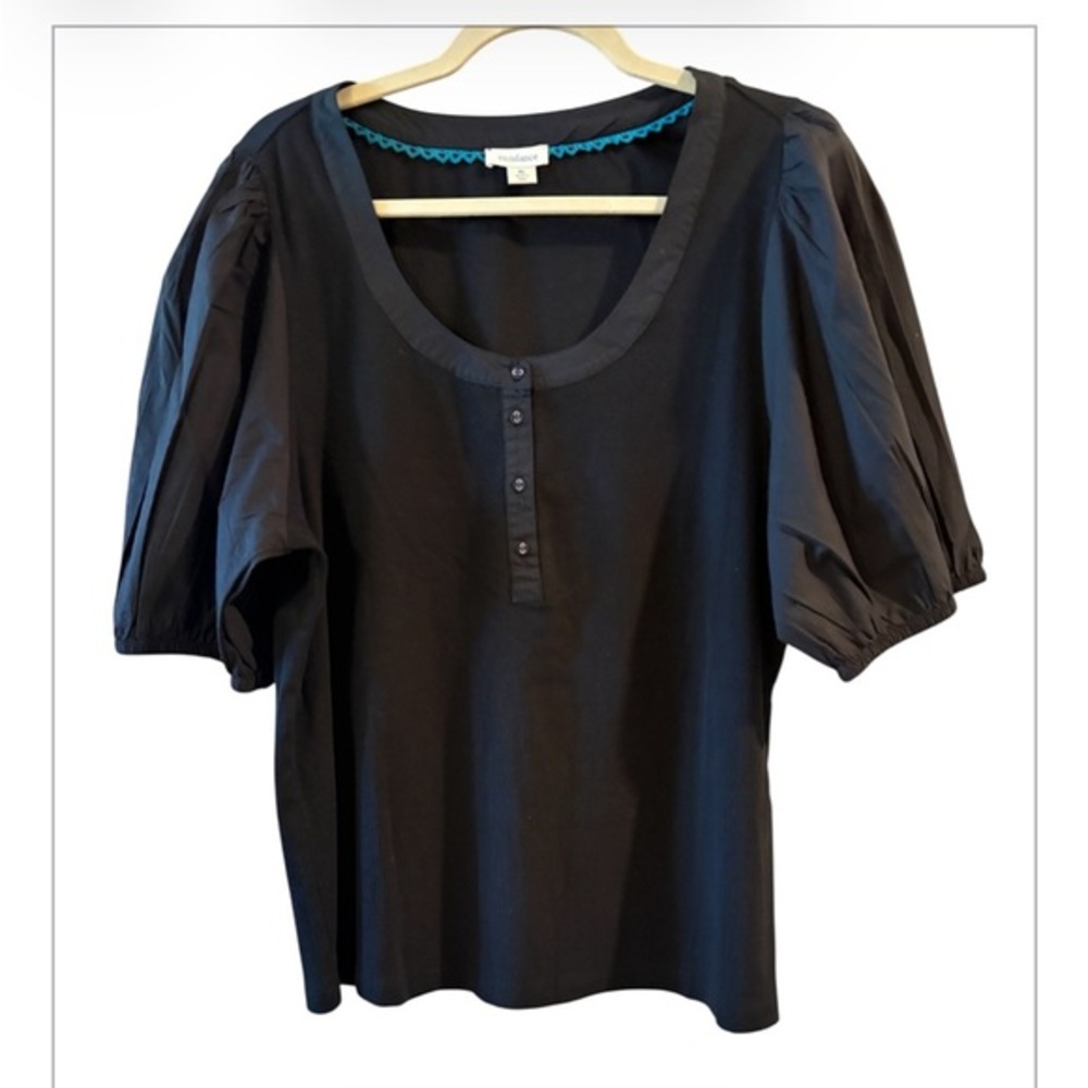 Sundance Black Boho Blouse Puff Sleeve Henley Top Coastal Casual Size XL